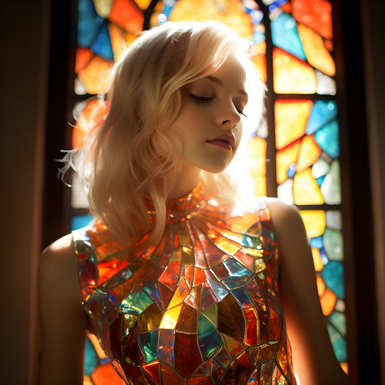 bonita rapariga loira de 14 anos usa um vestido colorido com vitrais tiffany 4 de Kurt Heppke