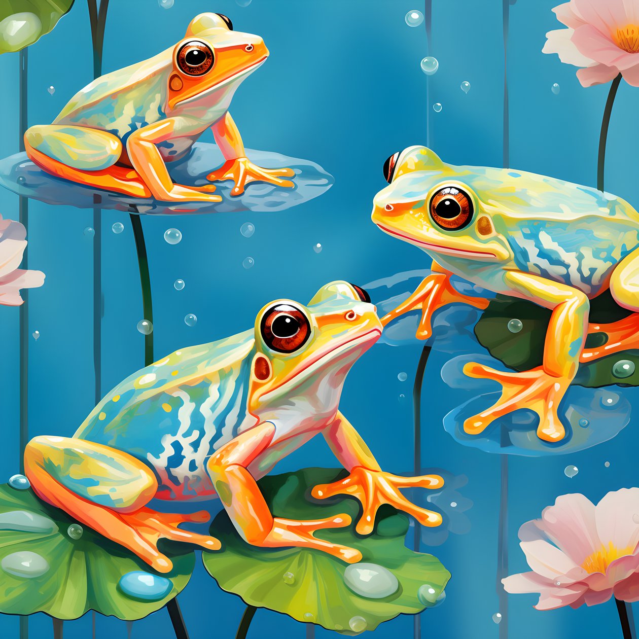 Padrão sem costura de uma pintura de bonitas rãs de desenhos animados cor de laranja e amarelas sentadas na folhagem de lírios na chuva de água da aguarela 2 de Kurt Heppke