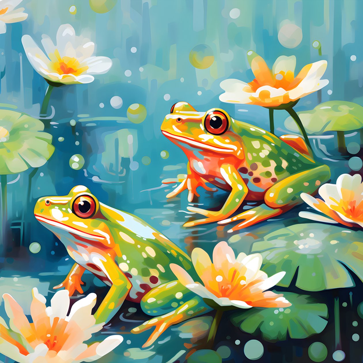 Padrão sem costura de uma pintura de bonitas rãs de desenhos animados cor de laranja e amarelas sentadas na folhagem de lírios na chuva de água da aguarela 3 de Kurt Heppke