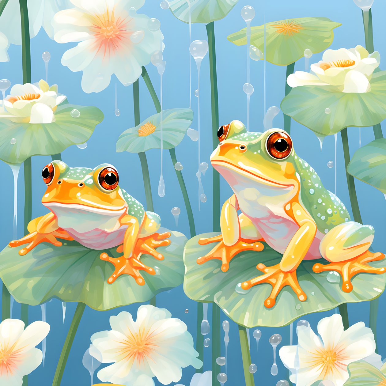 Padrão sem costura de uma pintura de bonitas rãs de desenhos animados cor de laranja e amarelas sentadas sobre a folhagem dos lírios na chuva de água da aguarela 4 de Kurt Heppke