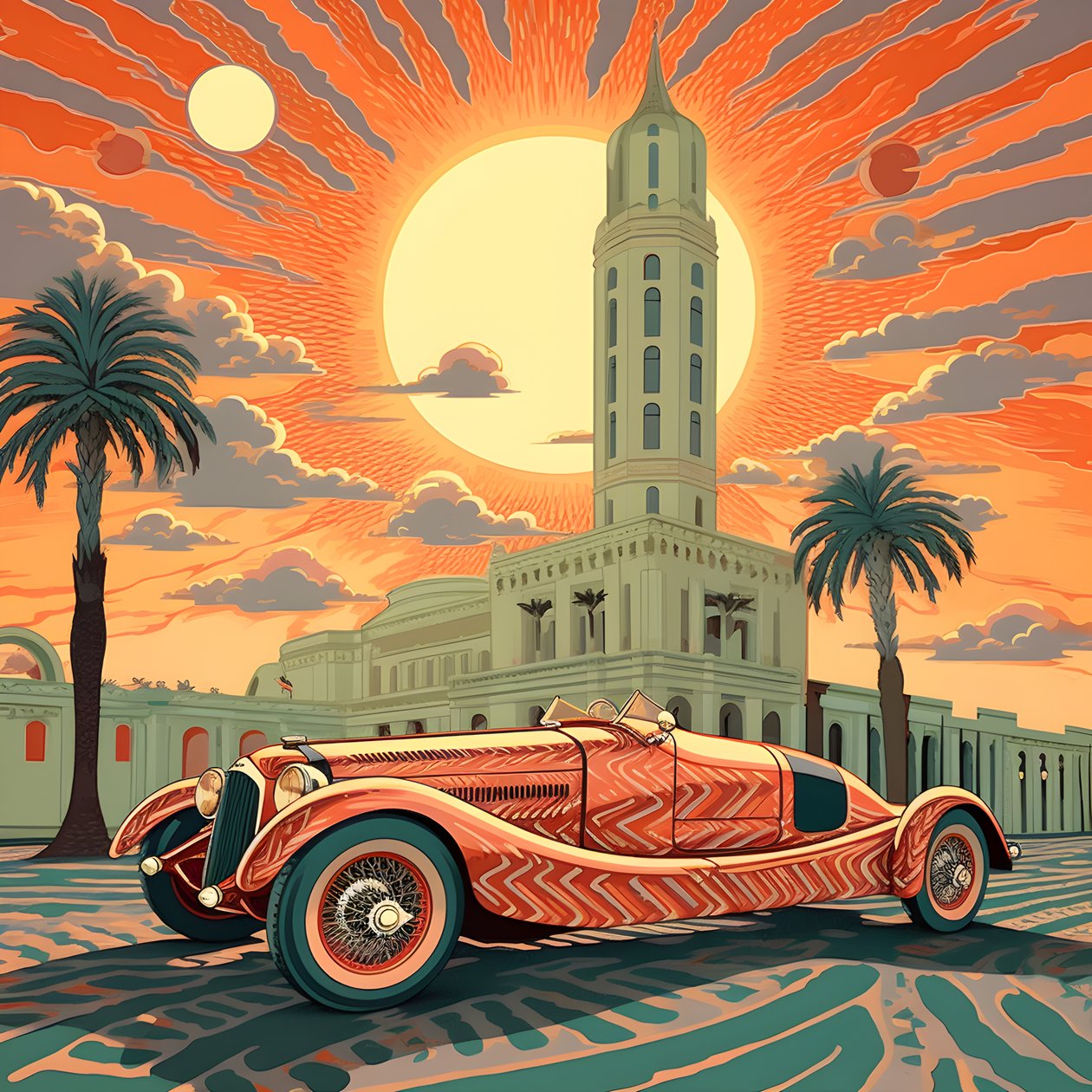 obra-prima bonita, elegante, minimalista e acolchoada no estilo artístico de Shepard Fairey::1 comemorando o Grande Prémio do Mónaco de 1940, com carros de corrida históricos a competirem entre si.  2 de Kurt Heppke