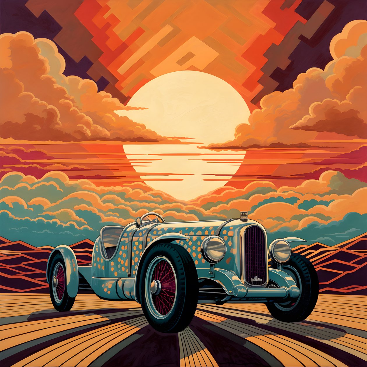 obra-prima bonita, elegante, minimalista e acolchoada no estilo artístico de Shepard Fairey::1 comemorando o Grande Prémio do Mónaco de 1940, com carros de corrida históricos a competirem entre si.  3 de Kurt Heppke