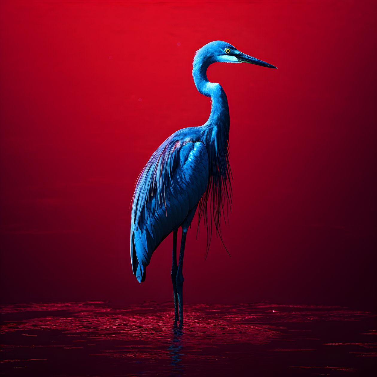 obra de arte digital synthwave de uma garça exótica azul-cobalto sobre papel vermelho 1 de Kurt Heppke