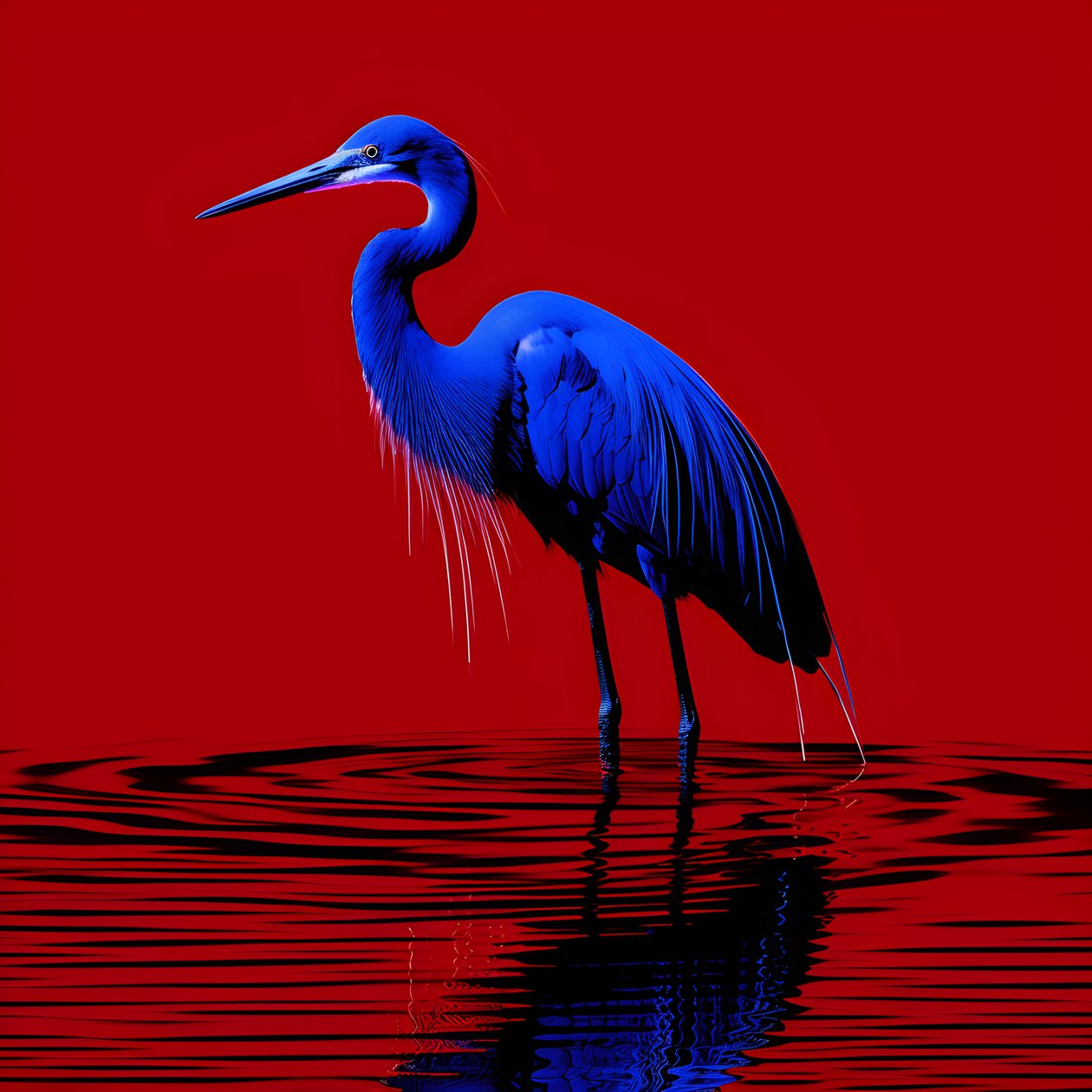 obra de arte digital synthwave de uma garça exótica azul-cobalto sobre papel vermelho 2 de Kurt Heppke