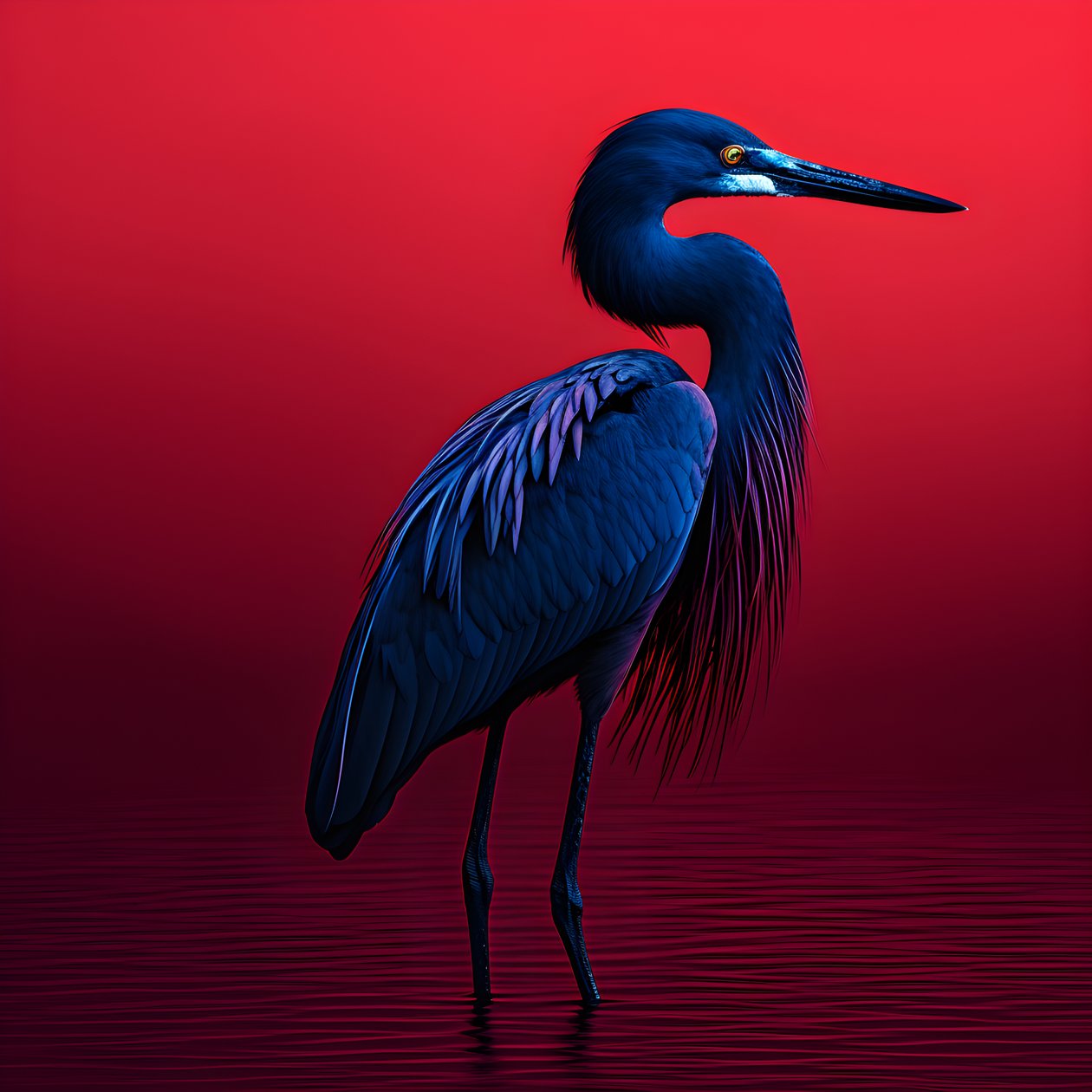 obra de arte digital synthwave de uma garça exótica azul-cobalto sobre papel vermelho 3 de Kurt Heppke