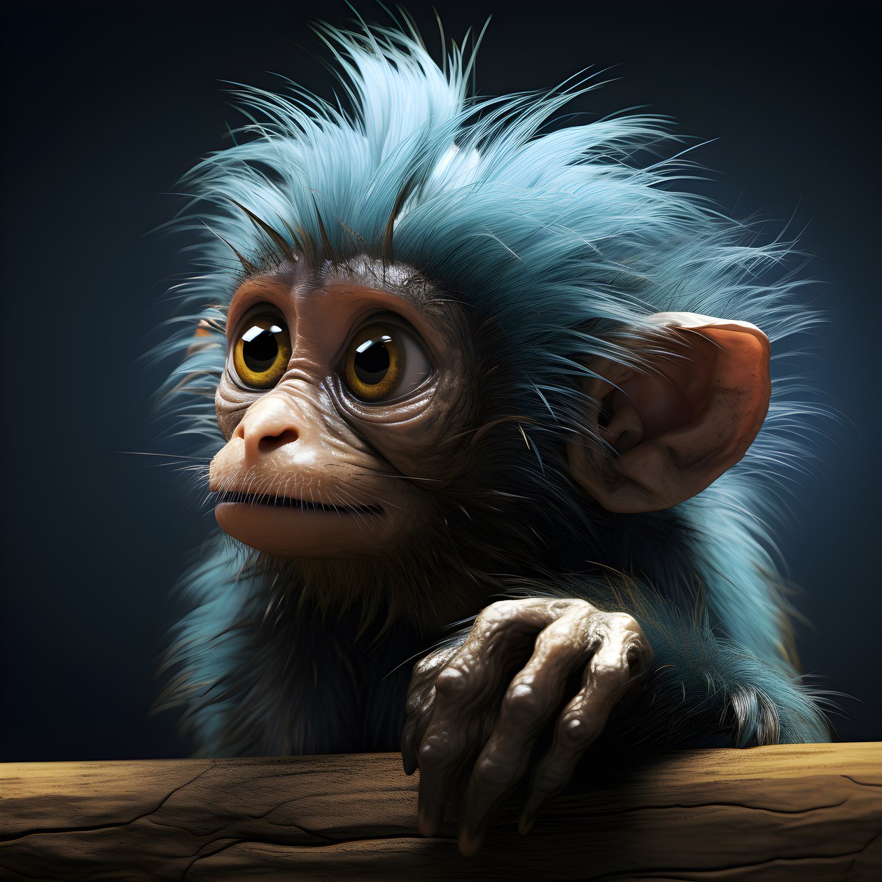este é um desenho de um macaco com um olho ao estilo de estudos de personagens surreais emotivos, coloridos, poses pensativas, topcor 58mm f/1.4, ilustrações tipo caricatura, #vfxfriday, solarizing master 1 de Kurt Heppke