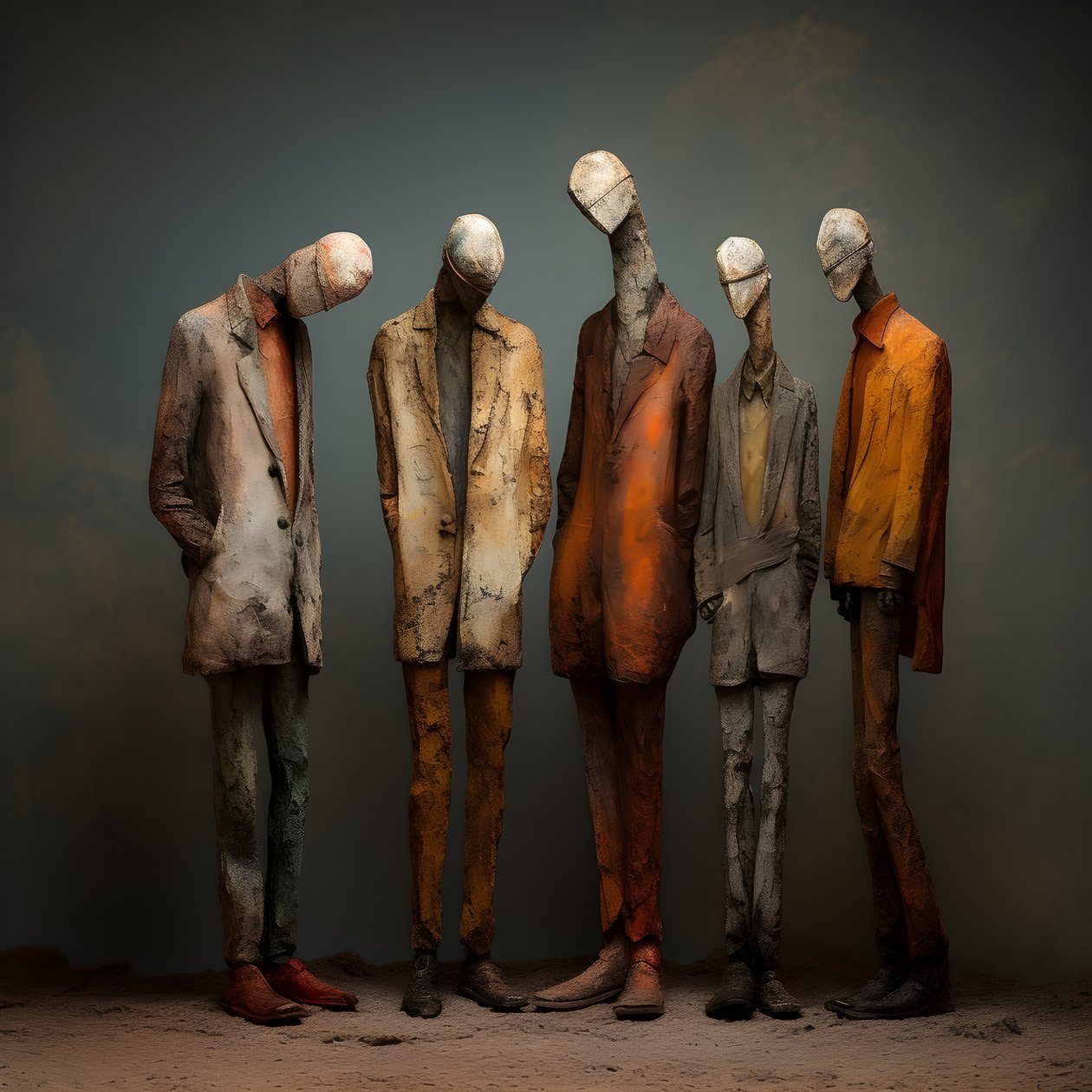 quatro figuras de barro de homens de pé, lado a lado 1 de Kurt Heppke