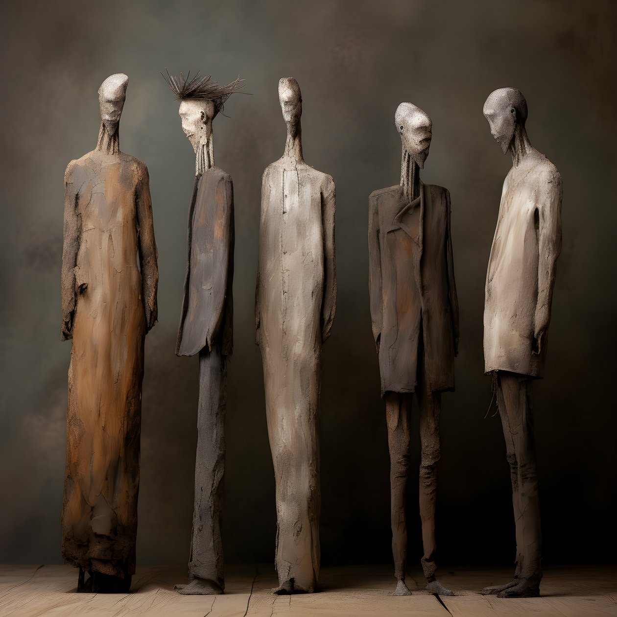 quatro figuras de barro de homens de pé, lado a lado 2 de Kurt Heppke