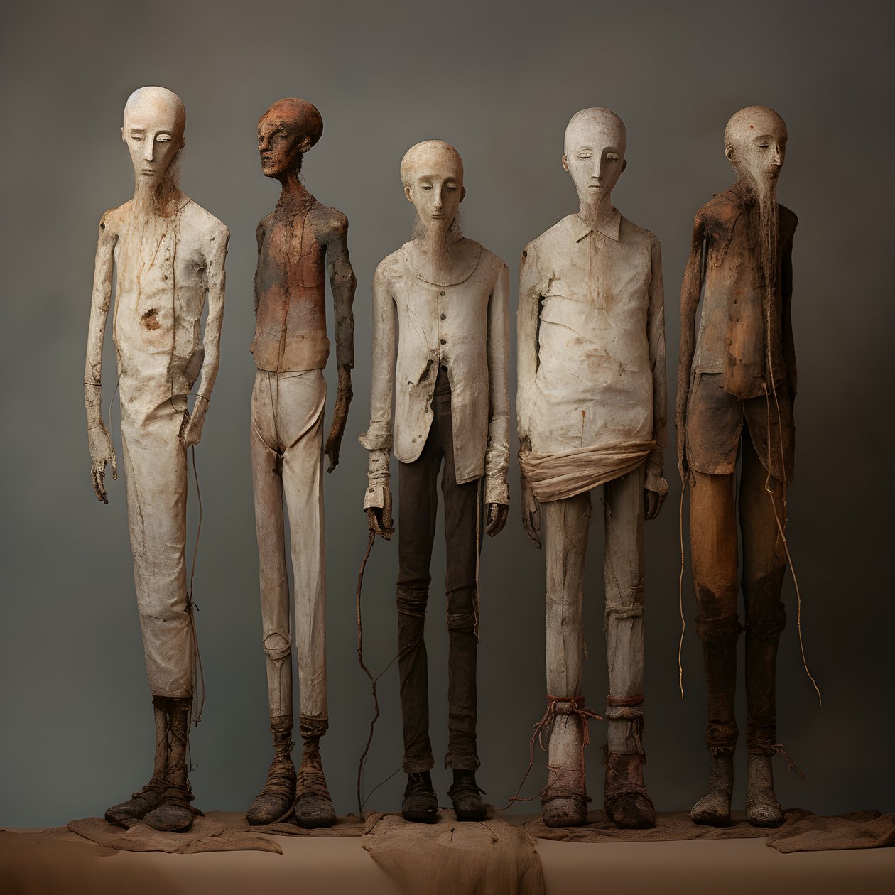 quatro figuras de barro de homens de pé, lado a lado 4 de Kurt Heppke
