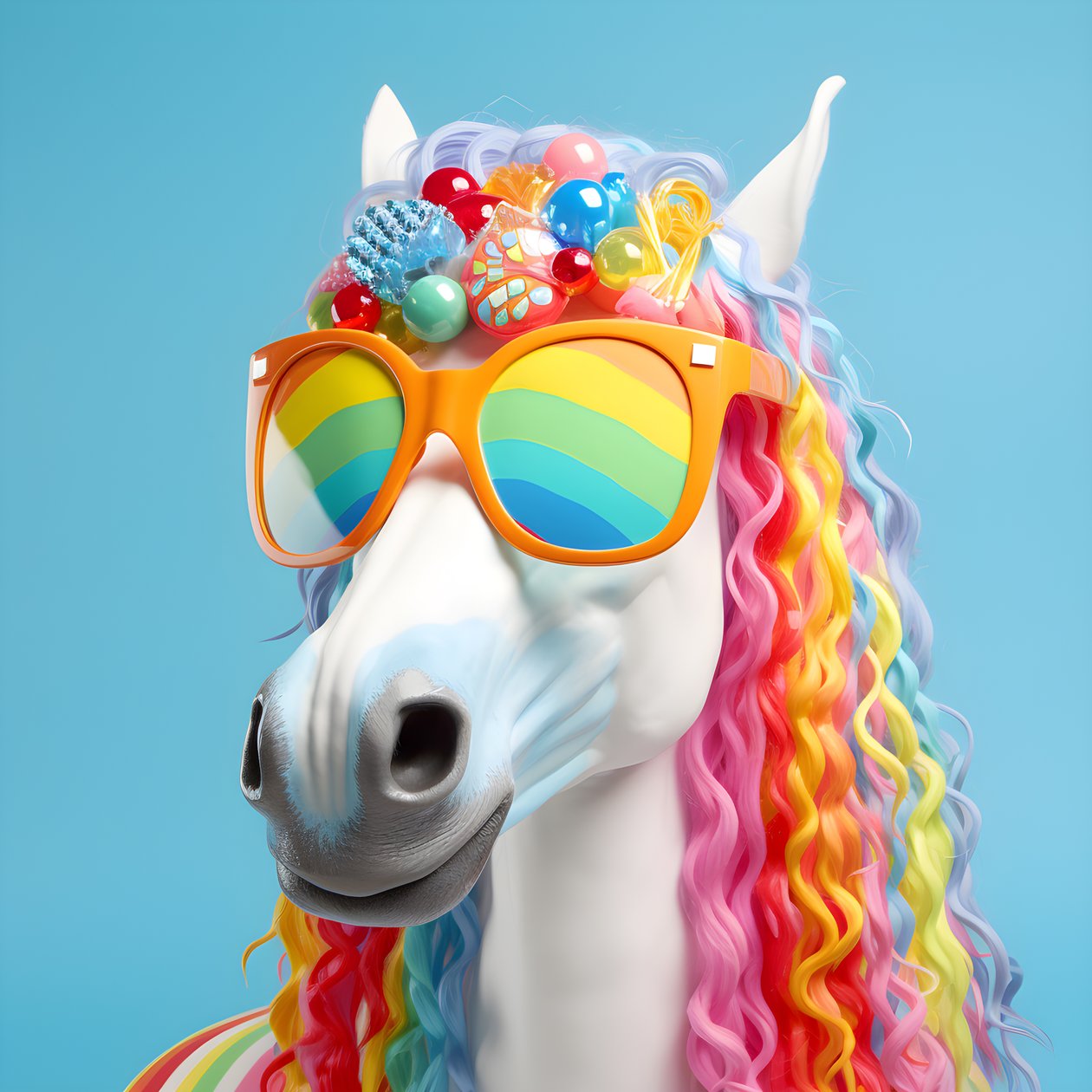 Cavalo branco com óculos arco-íris num fundo azul 4 de Kurt Heppke