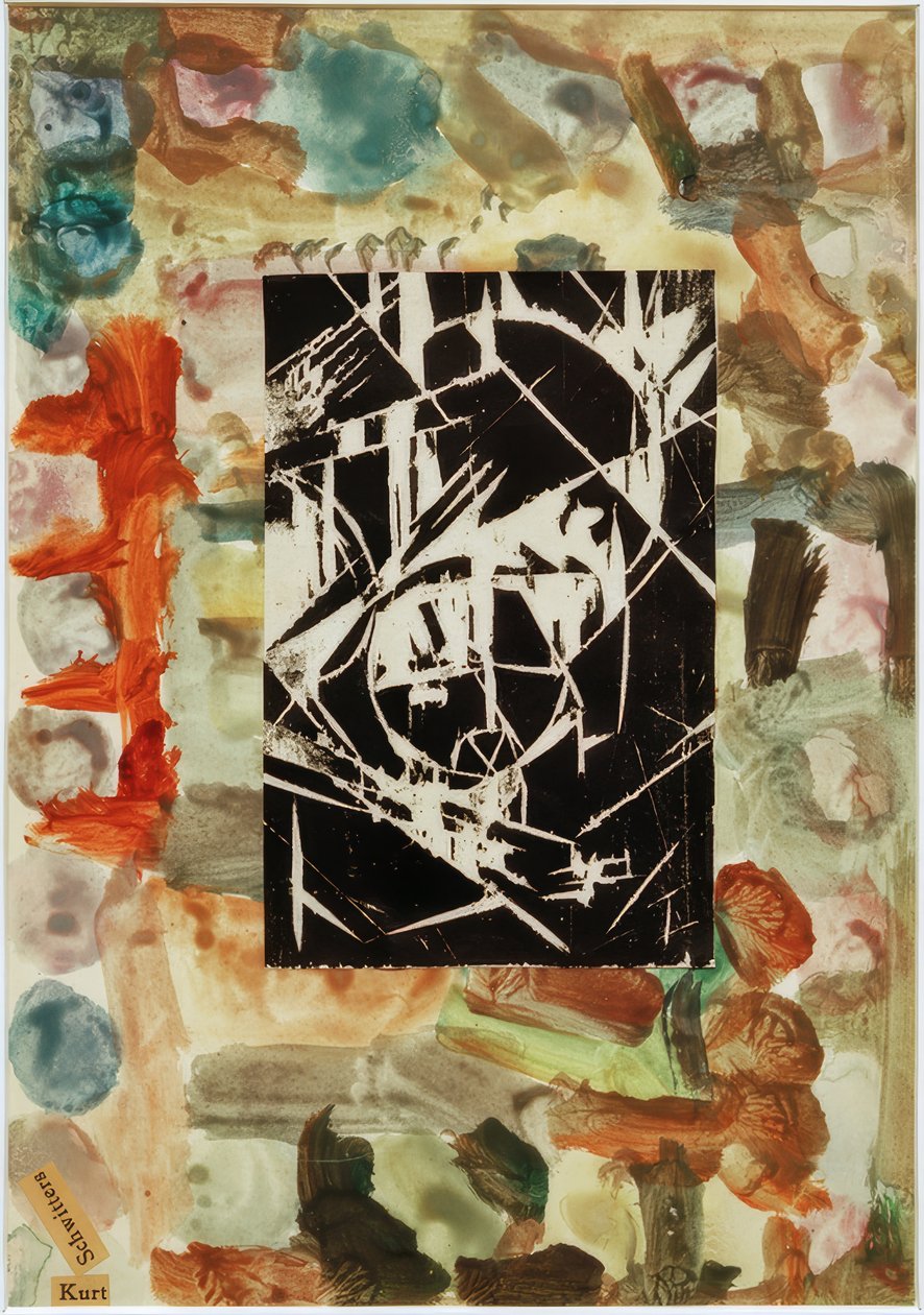 Sem título (colagem com xilogravura na pintura abstrata) de Kurt Schwitters