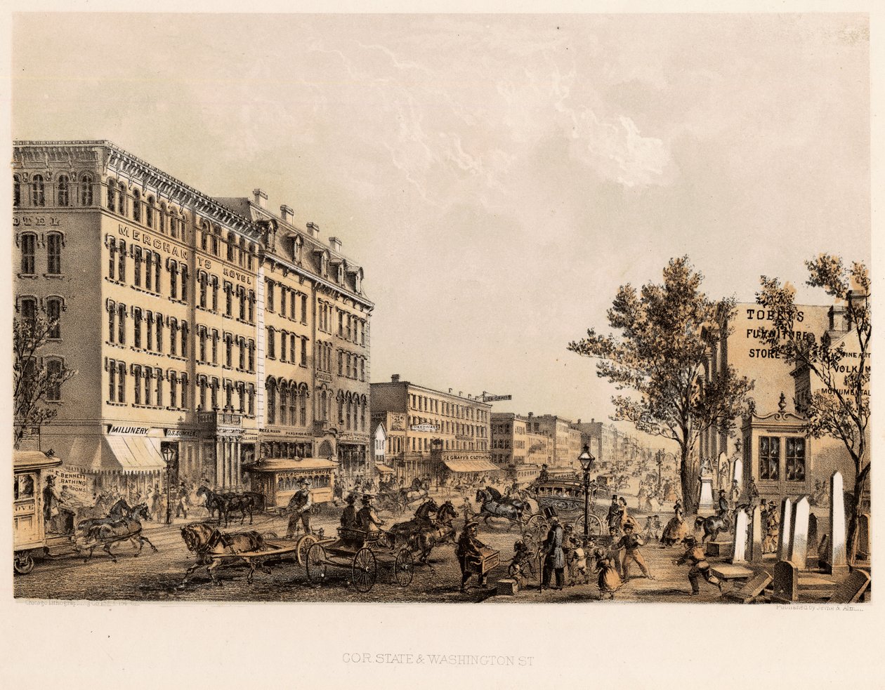 A esquina das ruas State e Washington, Chicago, c.1867 de Kurz and Allison
