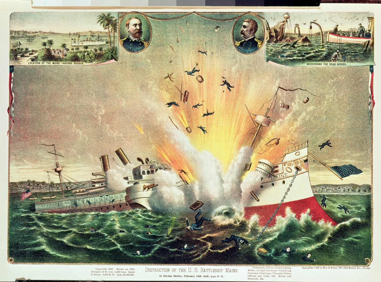 Destruição do navio de guerra dos EUA Maine no porto de Havana, 15 de fevereiro de 1898 de Kurz and Allison