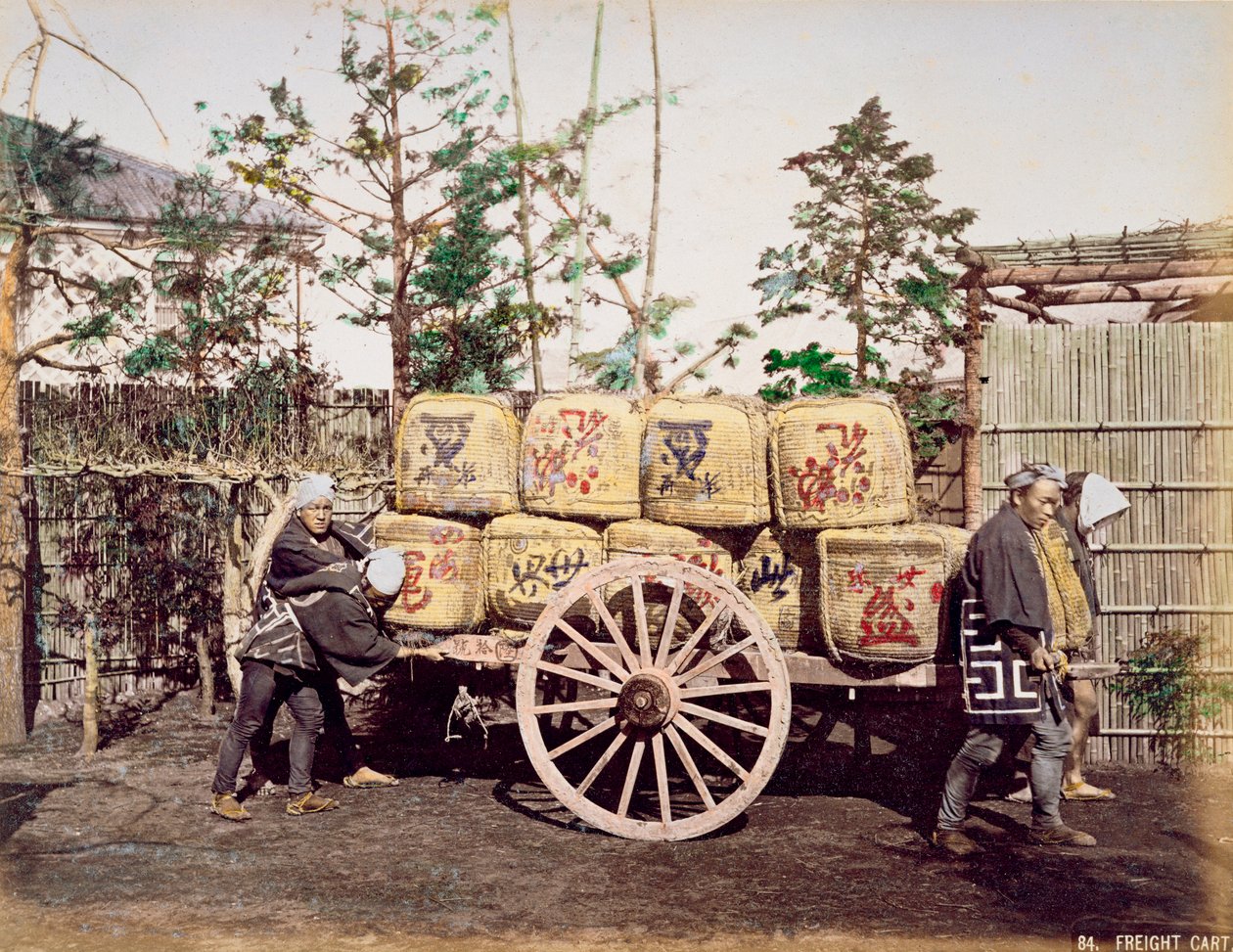 Frete, sendo, transportado, ligado, um, mão, desenhado, carreta, (hand-colored, albumen, impressão, ligado, card) de Kusakabe Kimbei
