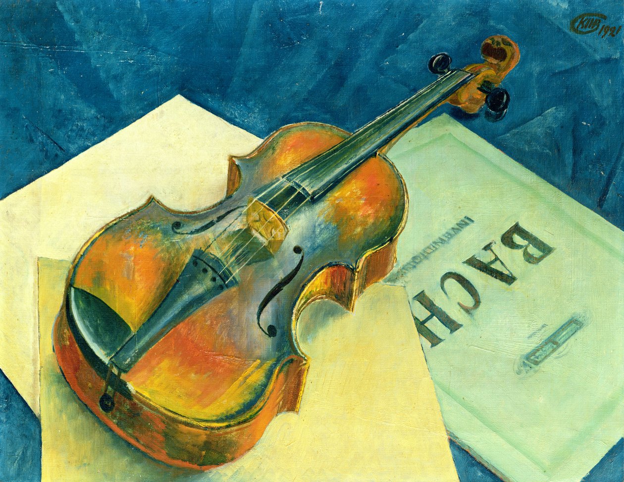 Ainda vida com um violino, 1921 de Kuzma Sergeevich Petrov Vodkin