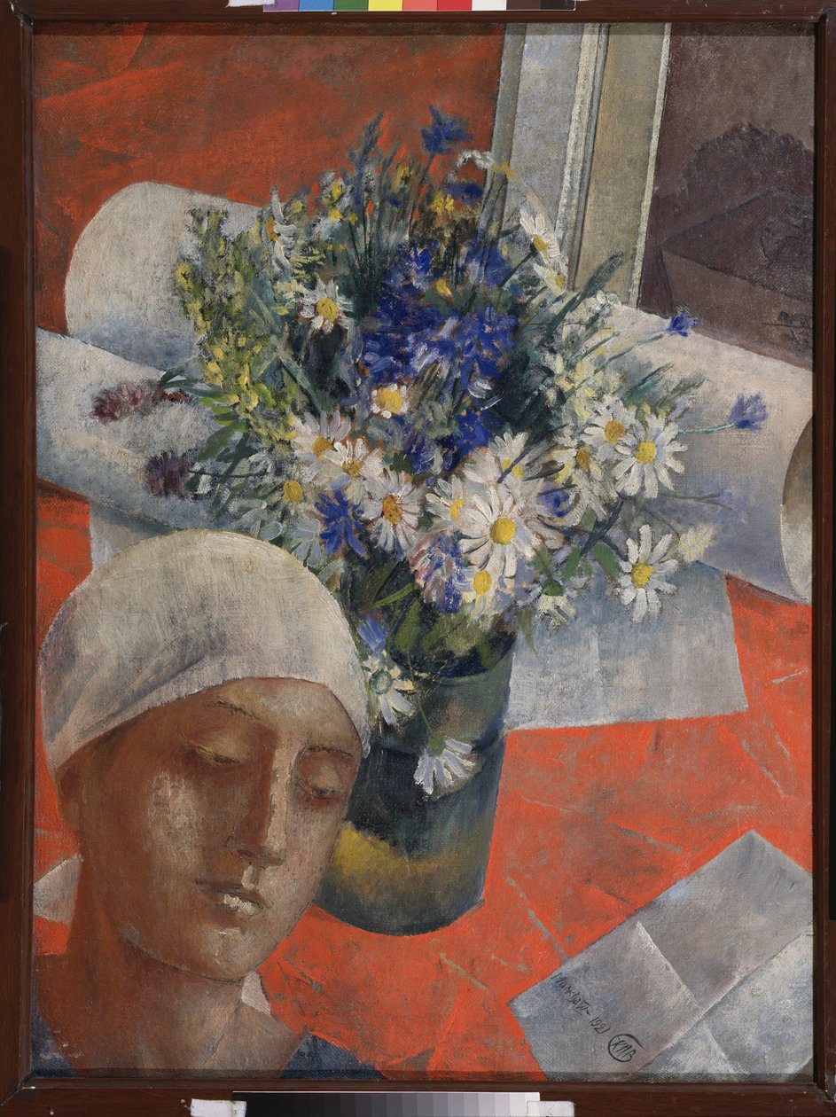 Flores e a cabeça de uma mulher. Pintura de Kuzma Sergeevich Petrov Vodkin (Petrov-Vodkin) (Kouzma Petrov Vodkin) (Petrov-Vodkin) (1878-1939), óleo sobre tela de Kuzma Sergeevich Petrov Vodkin