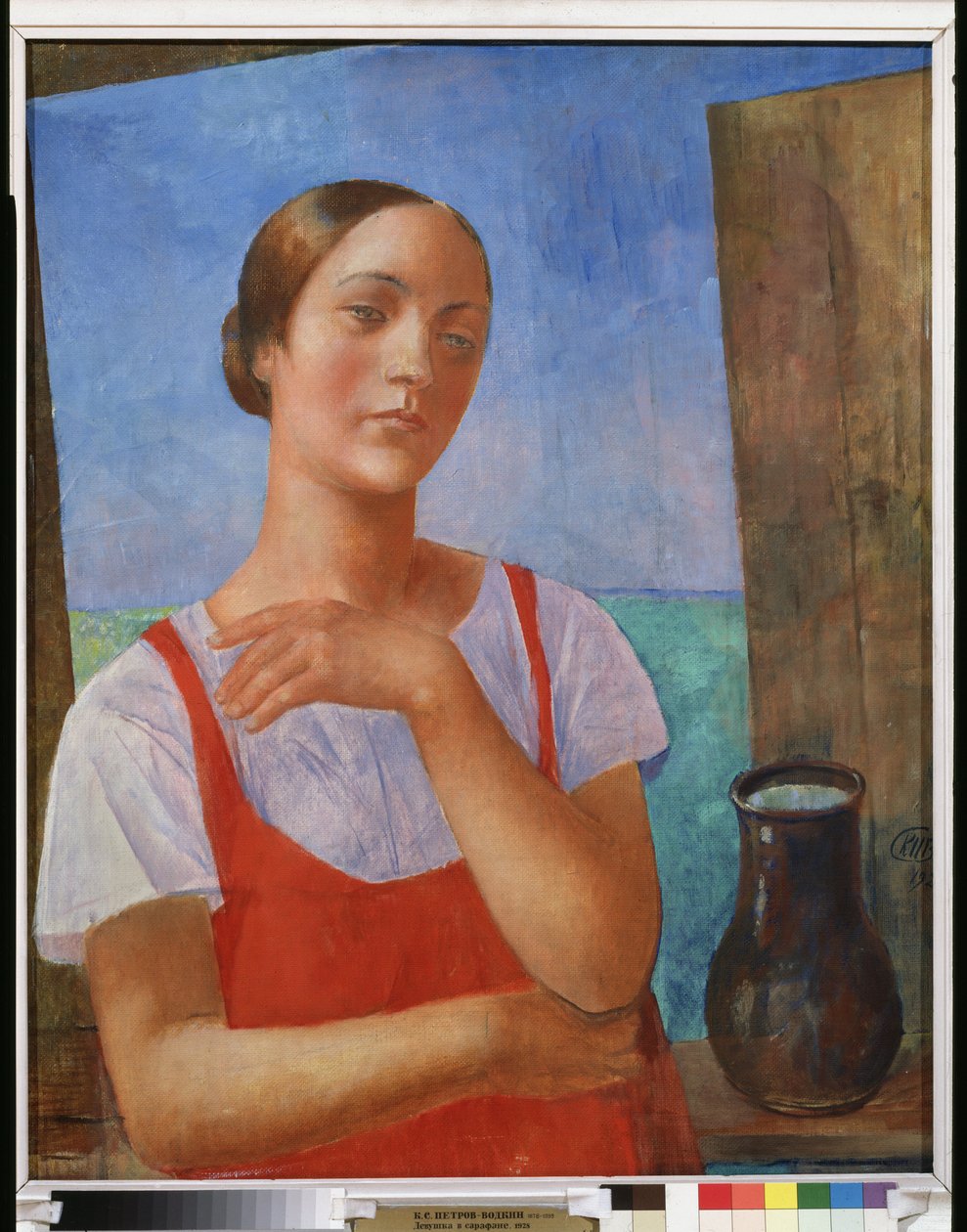 Mulher jovem em um vestido de verão. Pintura de Kuzma Sergeevich Petrov Vodkin (Petrov-Vodkin) (Kouzma Petrov Vodkin) (Petrov-Vodkin) (1878-1939), óleo sobre tela de Kuzma Sergeevich Petrov Vodkin