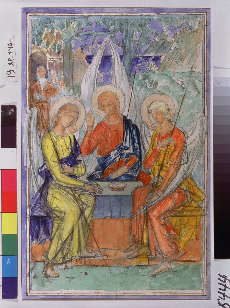 A Santa Trindade. Representação dos três anjos que apareceram a Abraão perto do Chene de Mambre. Obra de Kuzma Sergeyevich Petrov Vodkin (Petrov-Vodkin) (Kouzma Petrov Vodkin) (Petrov-Vodkin) (1878-1939), aquarela sobre papel de Kuzma Sergeevich Petrov Vodkin