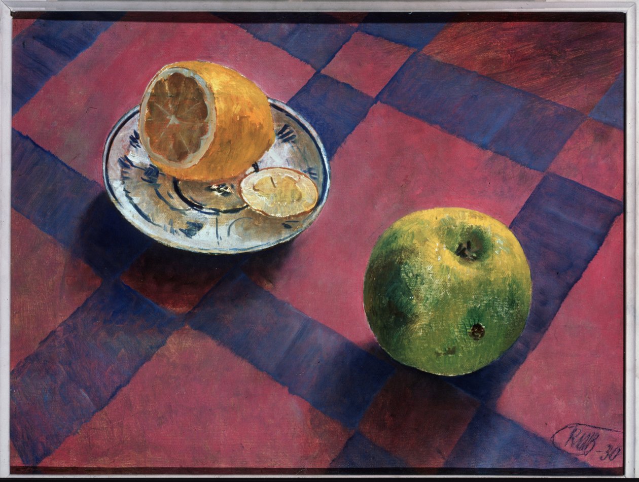 Maçã e limão. (Maçã e Limão). Pintura de Kuzma Sergeevich Petrov Vodkin (Petrov-Vodkin) (Kouzma Petrov Vodkin) (Petrov-Vodkin) (1878-1939), óleo sobre tela de Kuzma Sergeevich Petrov Vodkin