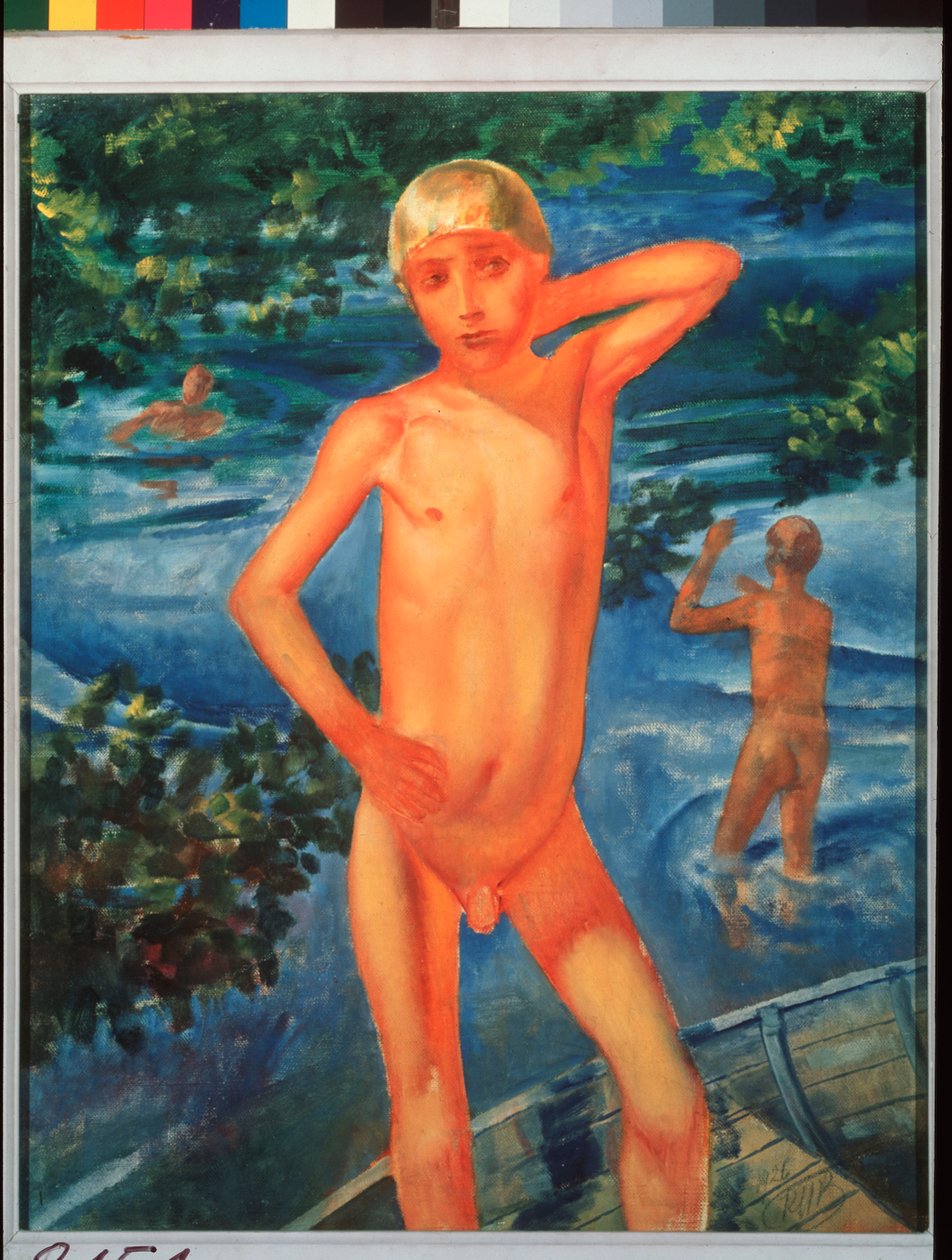 Meninos tomando banho. Pintura de Kuzma Sergeevich Petrov Vodkin (Petrov-Vodkin) (Kouzma Petrov Vodkin) (Petrov-Vodkin) (1878-1939), óleo sobre tela de Kuzma Sergeevich Petrov Vodkin