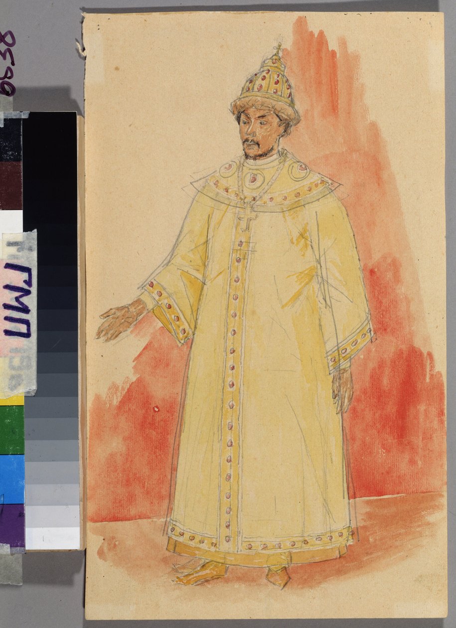 Projeto de figurino para a ópera ""Boris Godunov"" de Modest Mussorgsky (1839-1881). Obra de Kuzma Sergeyevich Petrov Vodkin (Petrov-Vodkin) (Kouzma Petrov Vodkin) (Petrov-Vodkin) (1878-1939), lápis e aquarela sobre papel de Kuzma Sergeevich Petrov Vodkin