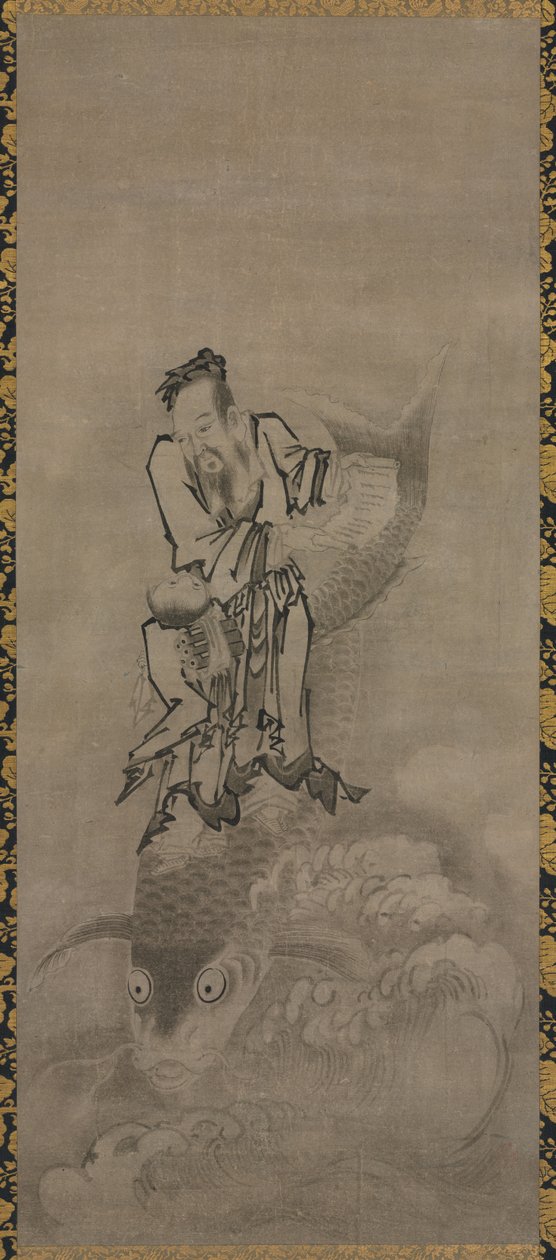 Hotei com Daoist Immortals: Immortal Riding Carp de Kyūseki Tomonobu