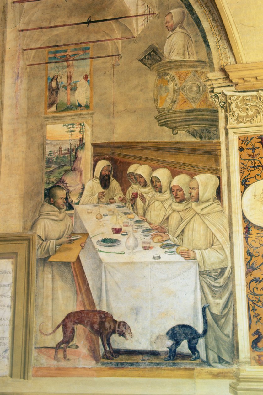 São Bento encontra farinha e alimenta os monges, da Vida de São Bento, 1497-98 de L. and Sodoma, G. Signorelli