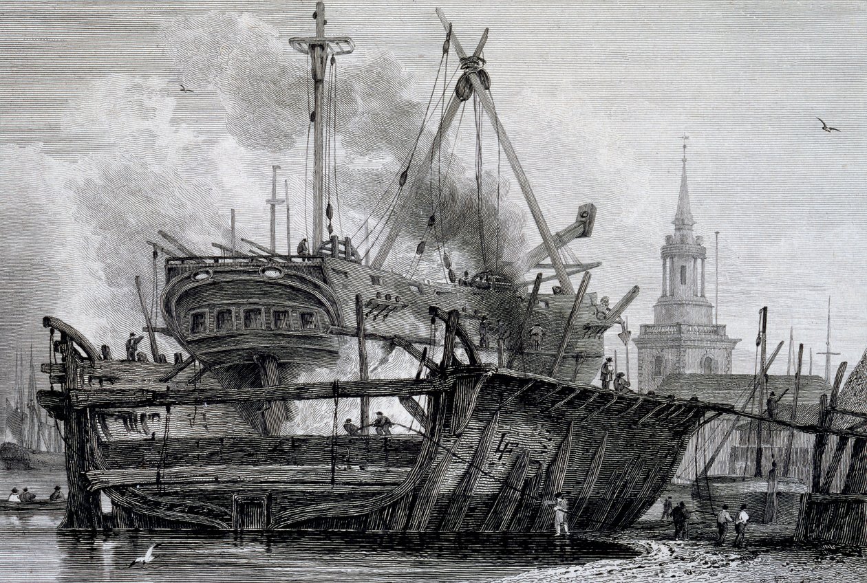 Rotherhithe, o Dique Flutuante em 1815, gravado por JC Allen, de Views on the Thames publicado por WB & George Cooke, 1822 de L. Francia