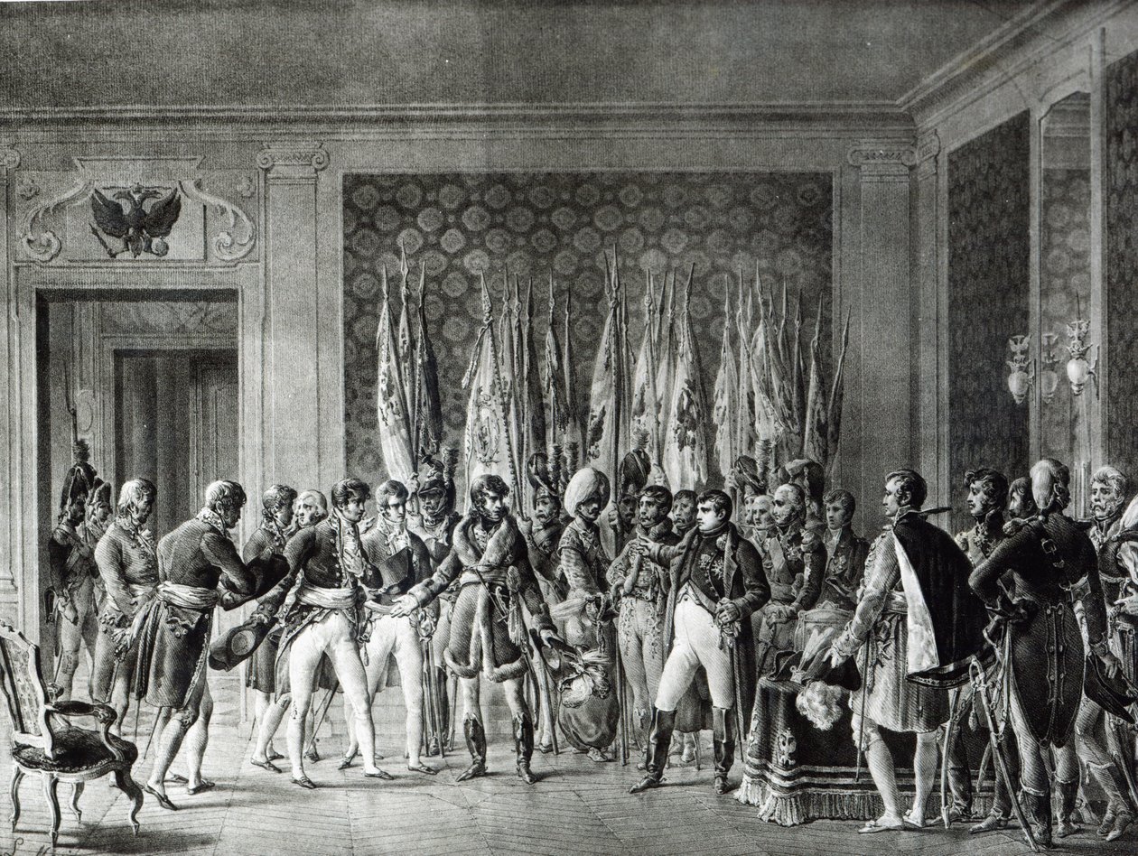 Napoleão dá as bandeiras ganhas em Austerlitz em 1805 para os prefeitos de Paris visitá-lo em Schonbrunn de L. Marin
