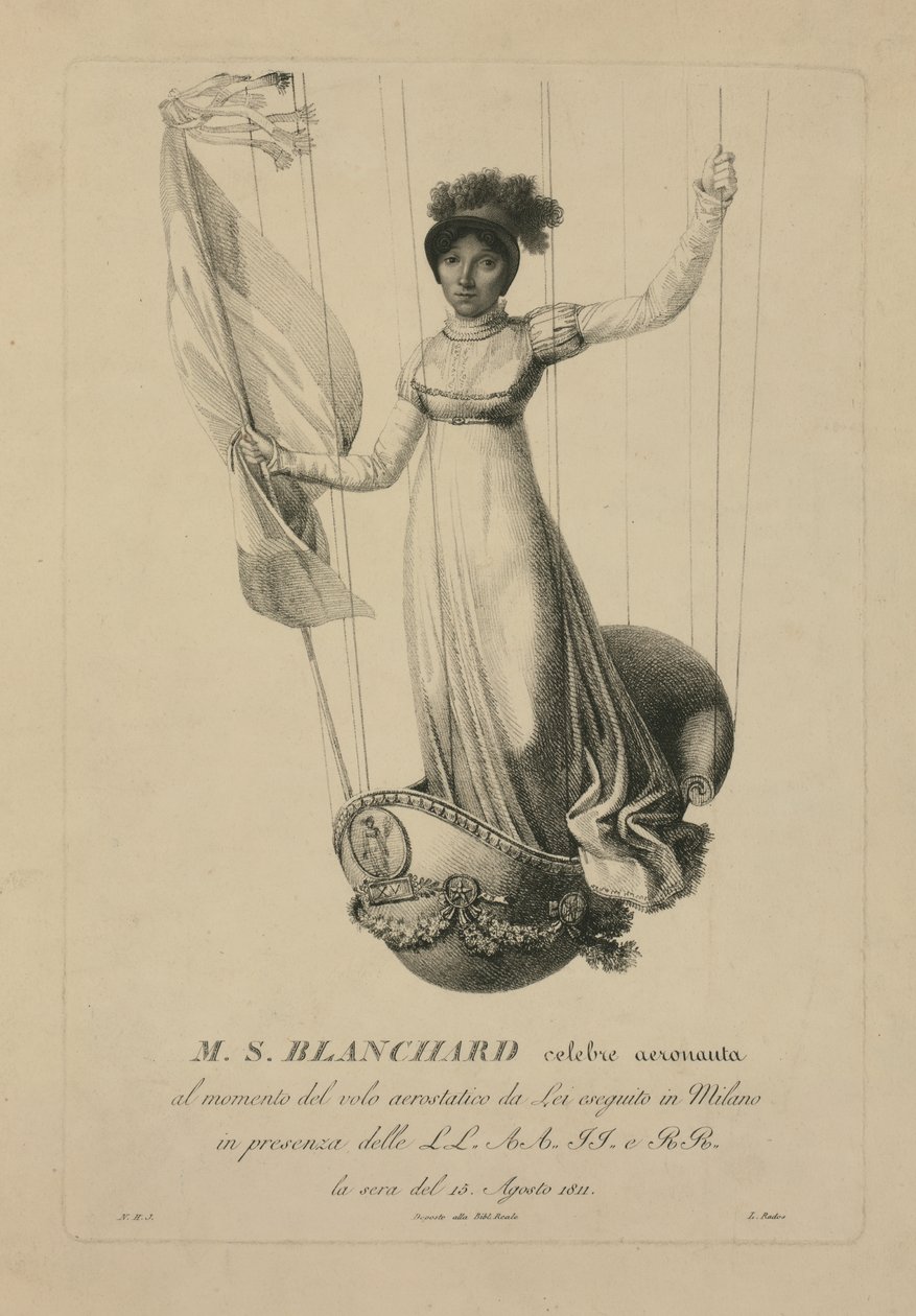 Sophie Blanchard na cesta de seu balão durante seu vôo em Milão na presença de Napoleão, 1811 de L. Rados