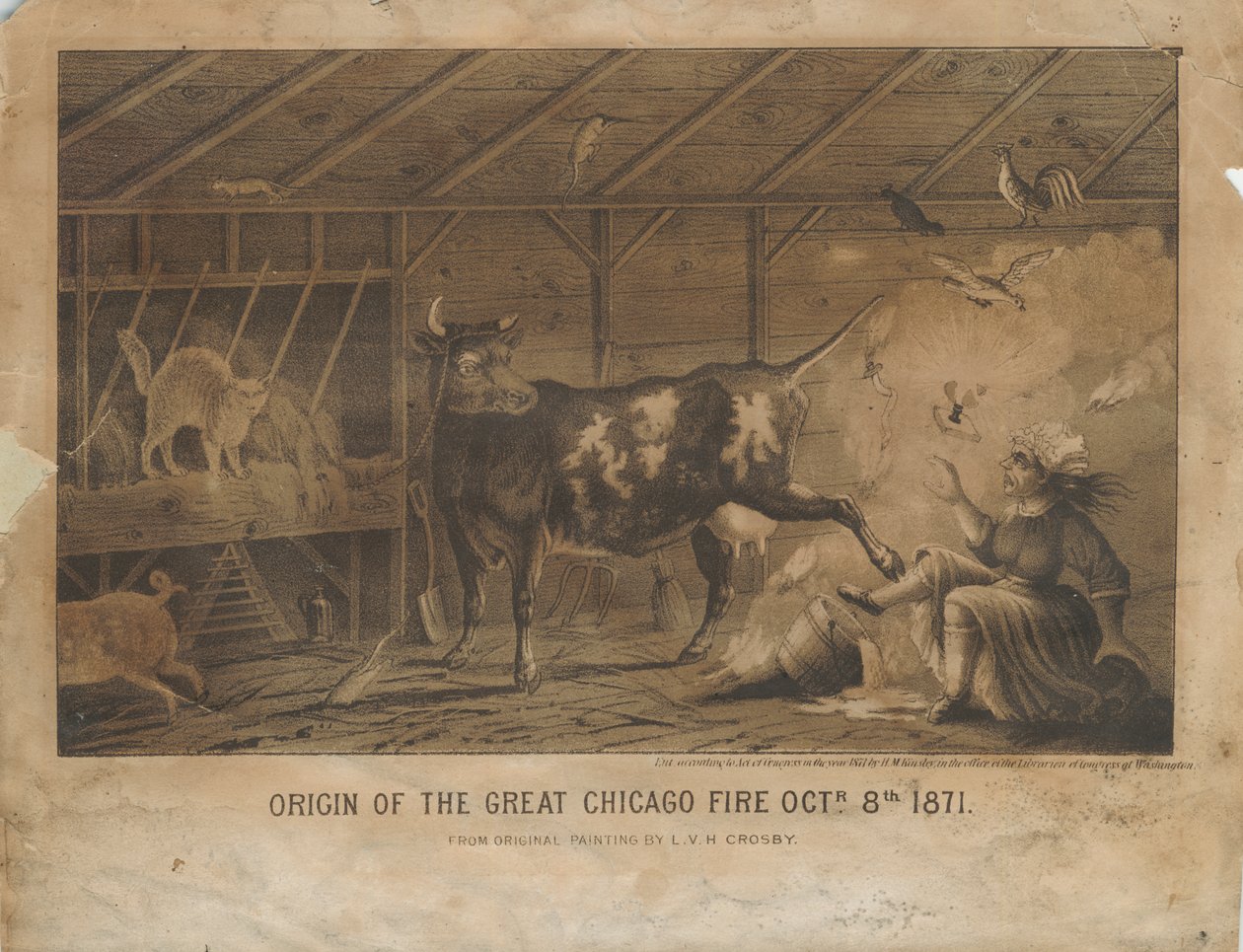 Origem do Grande Incêndio de Chicago 8 de outubro de 1871, c.1872 de L. V. H. after Crosby