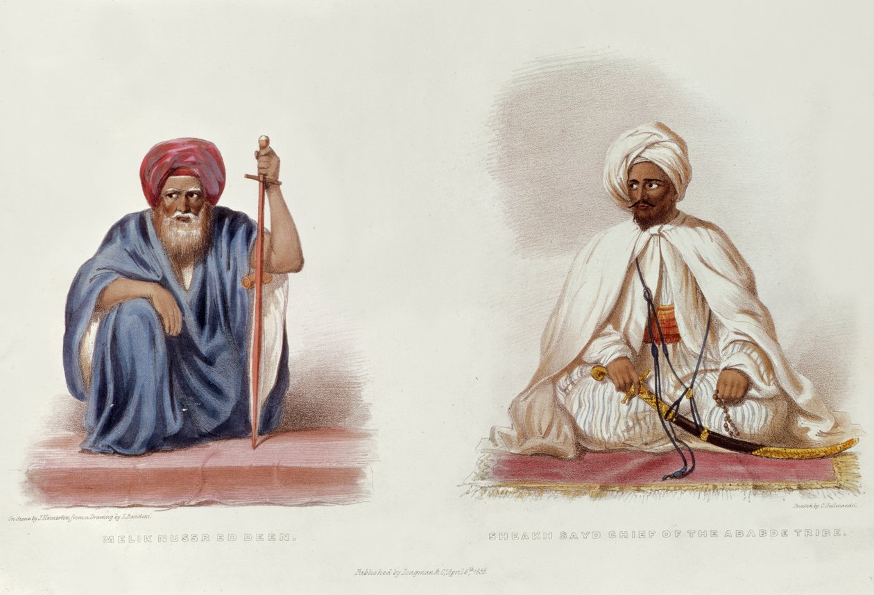 Melik Nussr Ed Deen e Sheakh Sayd, chefe da tribo Ababde, ilustração de viagens na Etiópia pela GA Hoskins de L. after Bandoni