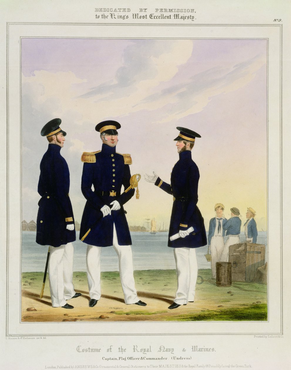 Capitão, oficial de bandeira e comandante (despir), prato 9 de &39;Traje da Marinha Real e Marinha&39;, gravado pelos artistas, c.1830-37 de L. and Eschauzier, St. Mansion