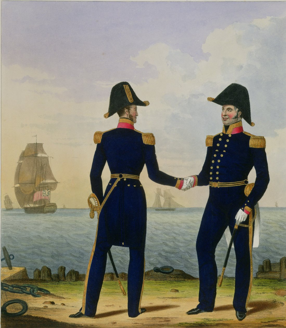 Capitães, prato 5 de &39;Traje da Marinha Real e Marinha&39;, gravado pelos artistas, c.1830-37 de L. and Eschauzier, St. Mansion