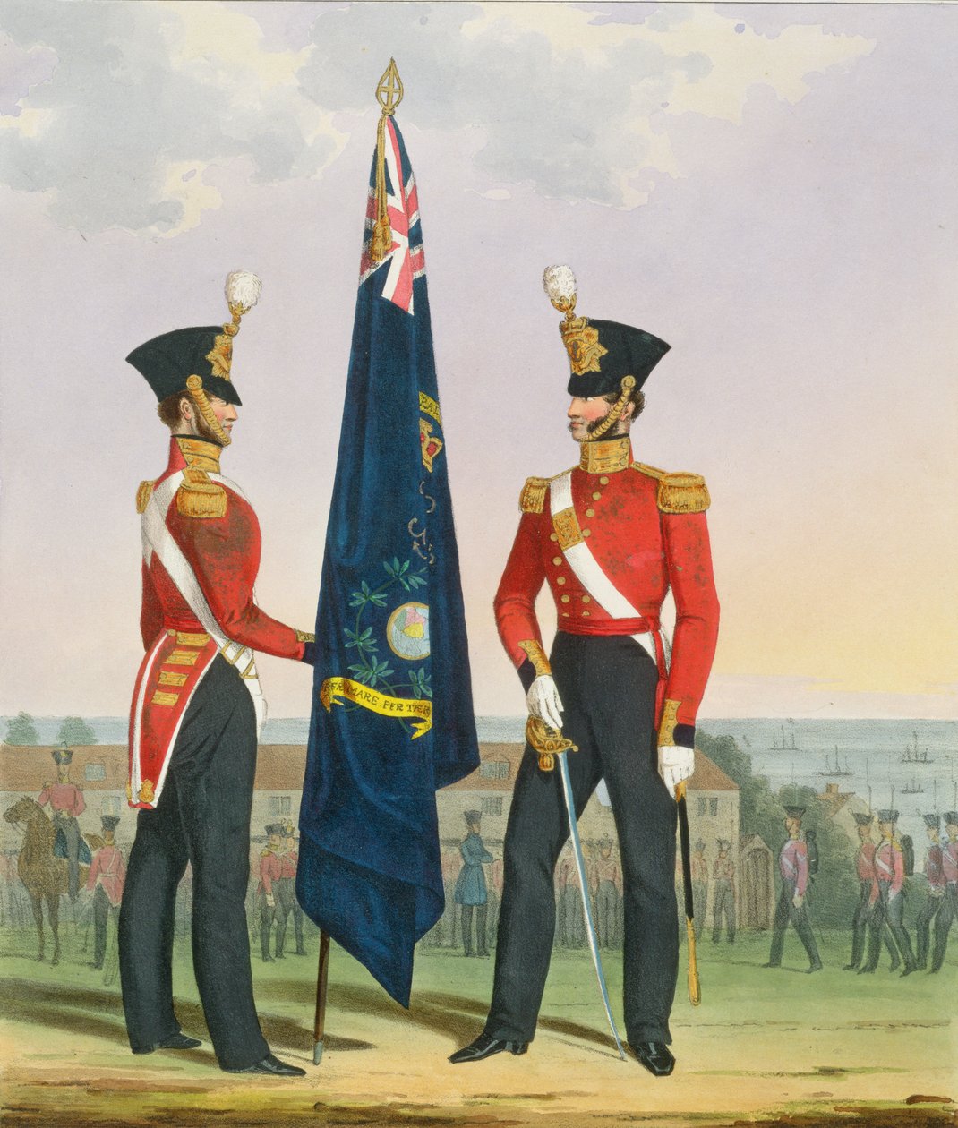Royal Marines (Subalterns) 2º Tenente portando Cores Divisórias, prato 15 de &39;Traje da Marinha Real e Marinha&39;, gravado pelos artistas, c.1830-37 de L. and Eschauzier, St. Mansion