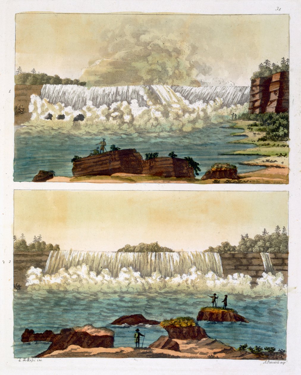Cataratas do Niágara, 1818 (gravura a cores) de L.A. Rossi