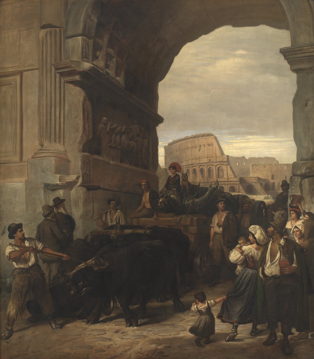 Trabalhadores romanos transportando uma antiga estátua imperial do Coliseu através do Arco de Tito para os Museus Capitolinos de L.A. Schou