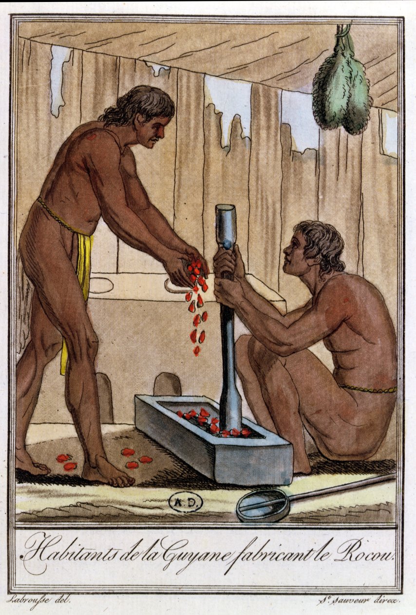Habitantes da Guiana Francesa preparando urucum, da &39;Encyclopedia of Travels&39; de Jules Grasset de Saint-Sauveur (1757-1810) 1796 de L.F. Labrousse