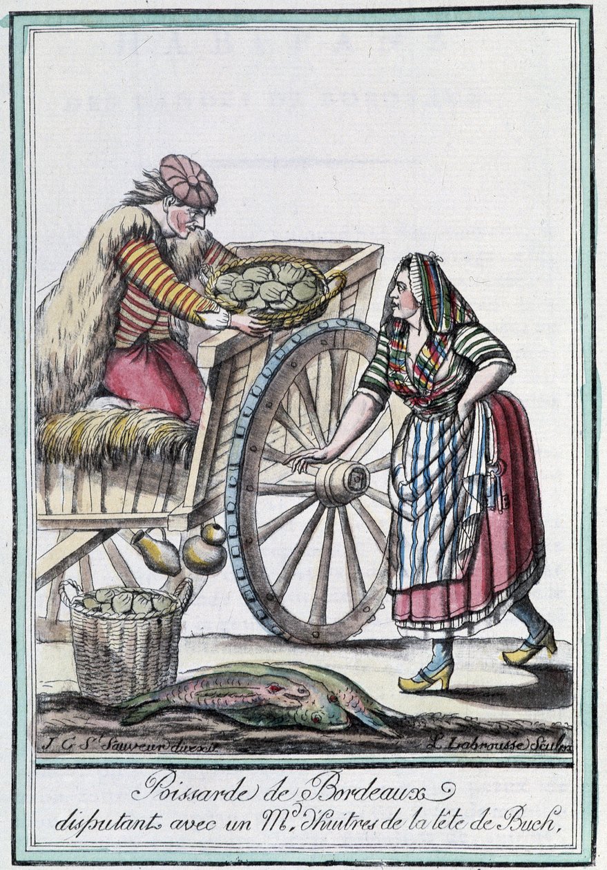 Poissarde de Bordeaux em disputa com um comerciante de ostras da cabeça de Buch - na "Enciclopédia das viagens" de J. Grasset St Sauveur, Deron, Paris de L.F. Labrousse