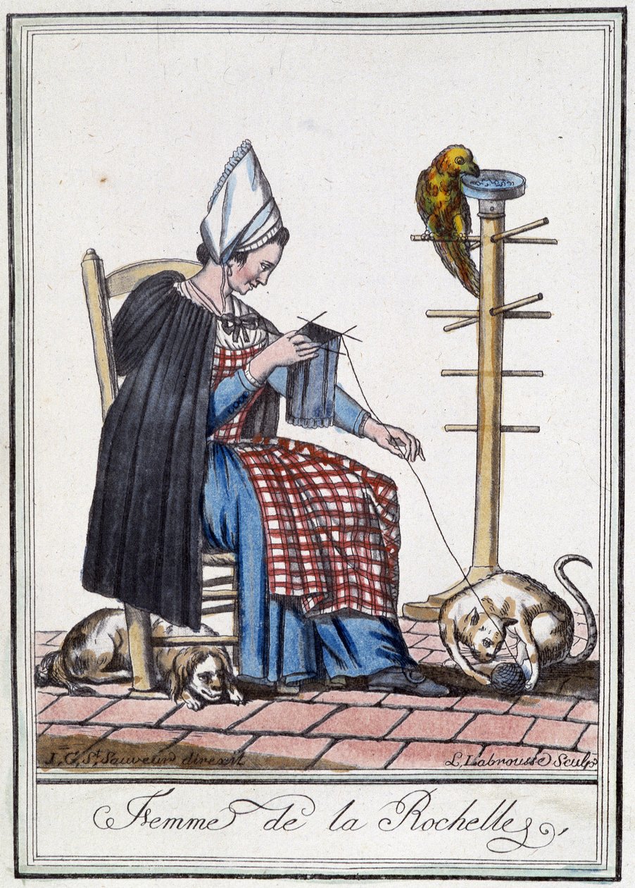 Mulher de La Rochelle a tricotar com um cão, um papagaio e um gato a brincar com a bola de lã. de L.F. Labrousse