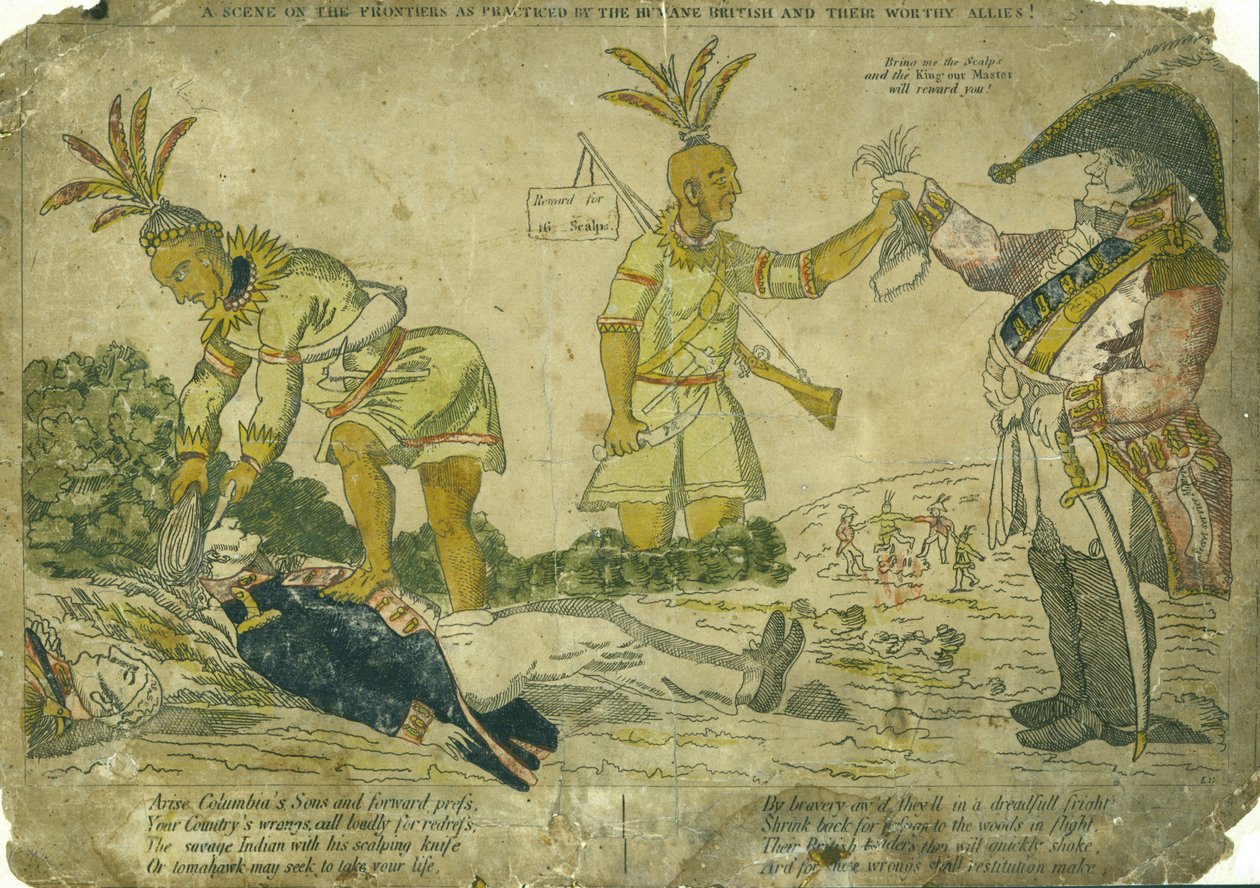 Gravura horizontal colorida à mão mostrando um oficial britânico pagando índios americanos ao couro cabeludo e soldado americano de LG after William Charles