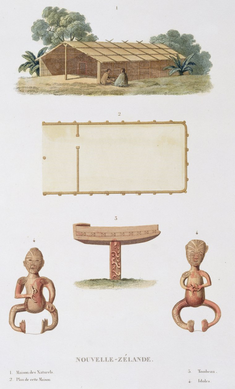 Uma casa de espíritos, Nova Zelândia, da Voyage around the World, executada por Ordem do Rei no Corvette de Sua Majestade, The Shell durante as décadas de 1822, 1823, 1824 e 1825, por Louis Isidore Duperrey (17 de L.I. and Chazal, A. Duperrey