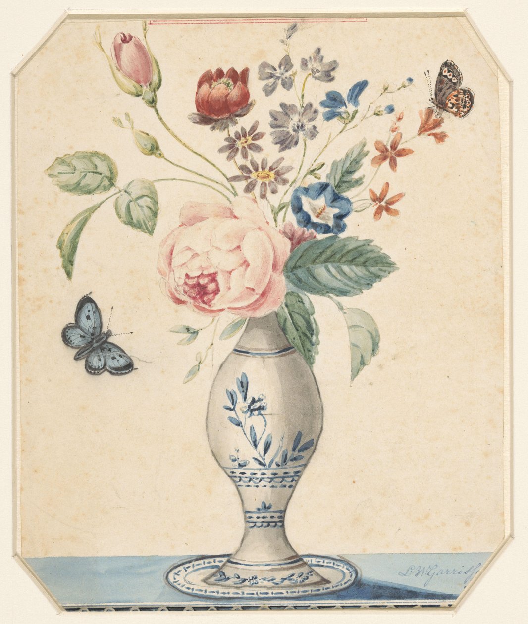 Vaso com flores e uma borboleta azul de L.W. Garrison