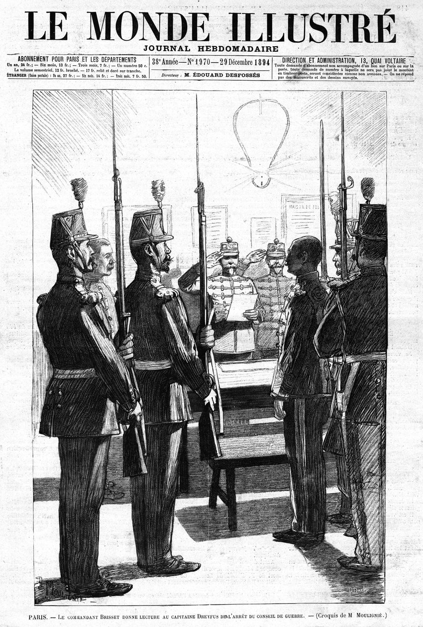 O comandante leu, ao Capitão Alfred Dreyfus, a prisão do Conselho de Guerra, Paris. Esboço do Sr. de Moulignie. No jornal "Le Monde Illustré" Weekly Journal No. 1970 de 29 de Dezembro de 1894. de L. Moulignie