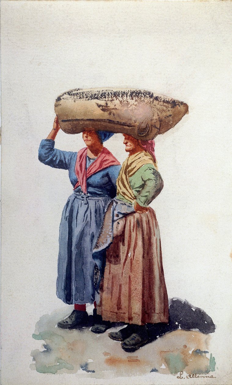 Duas trabalhadoras atracam no porto de Génova, c.1890 (aguarela sobre papel) de L. Allavena