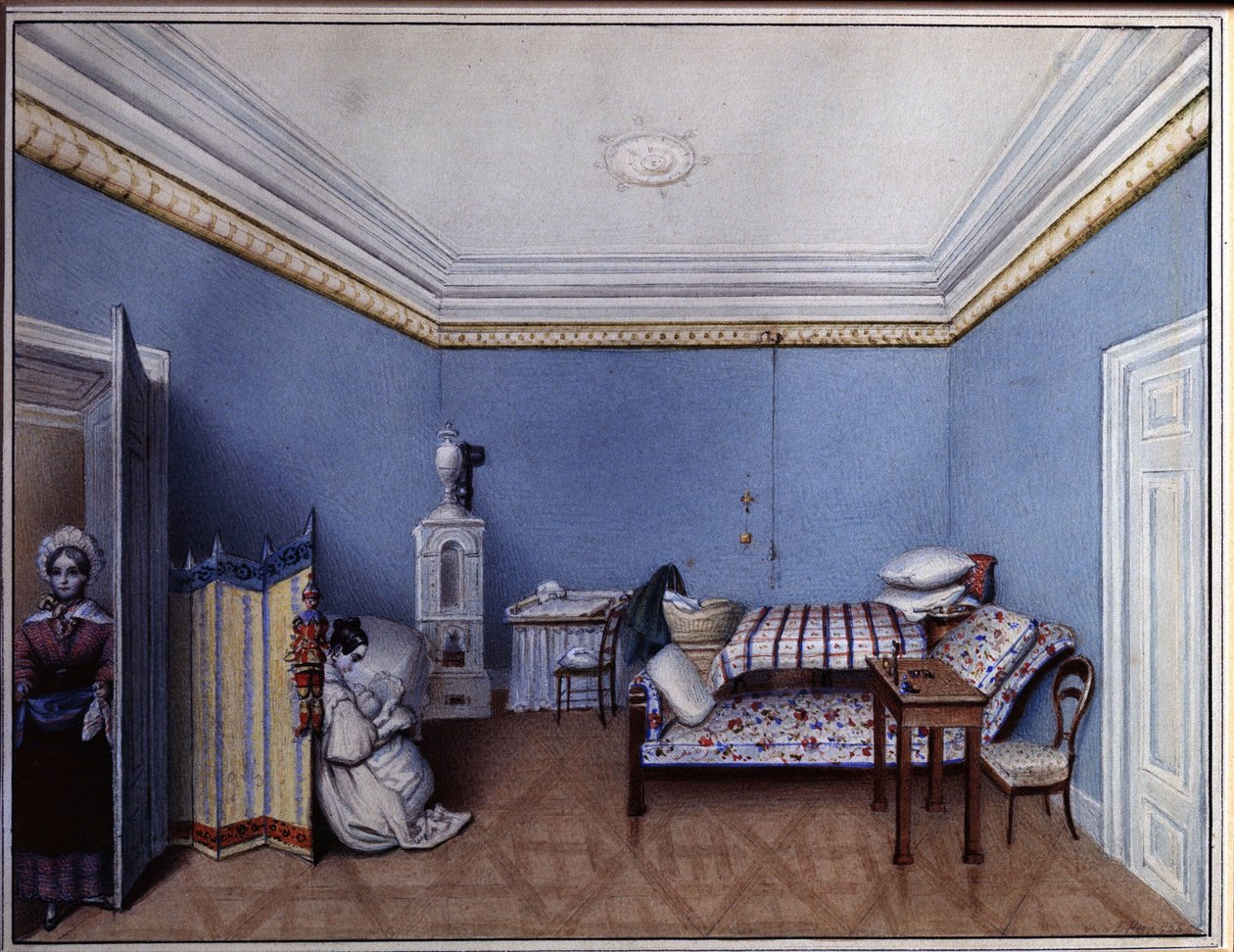 "In the Bedroom" Watercolour de L. Hern (século XIX) 1835 A. Museu Memorial Pushkin, São Petersburgo de L. Hern