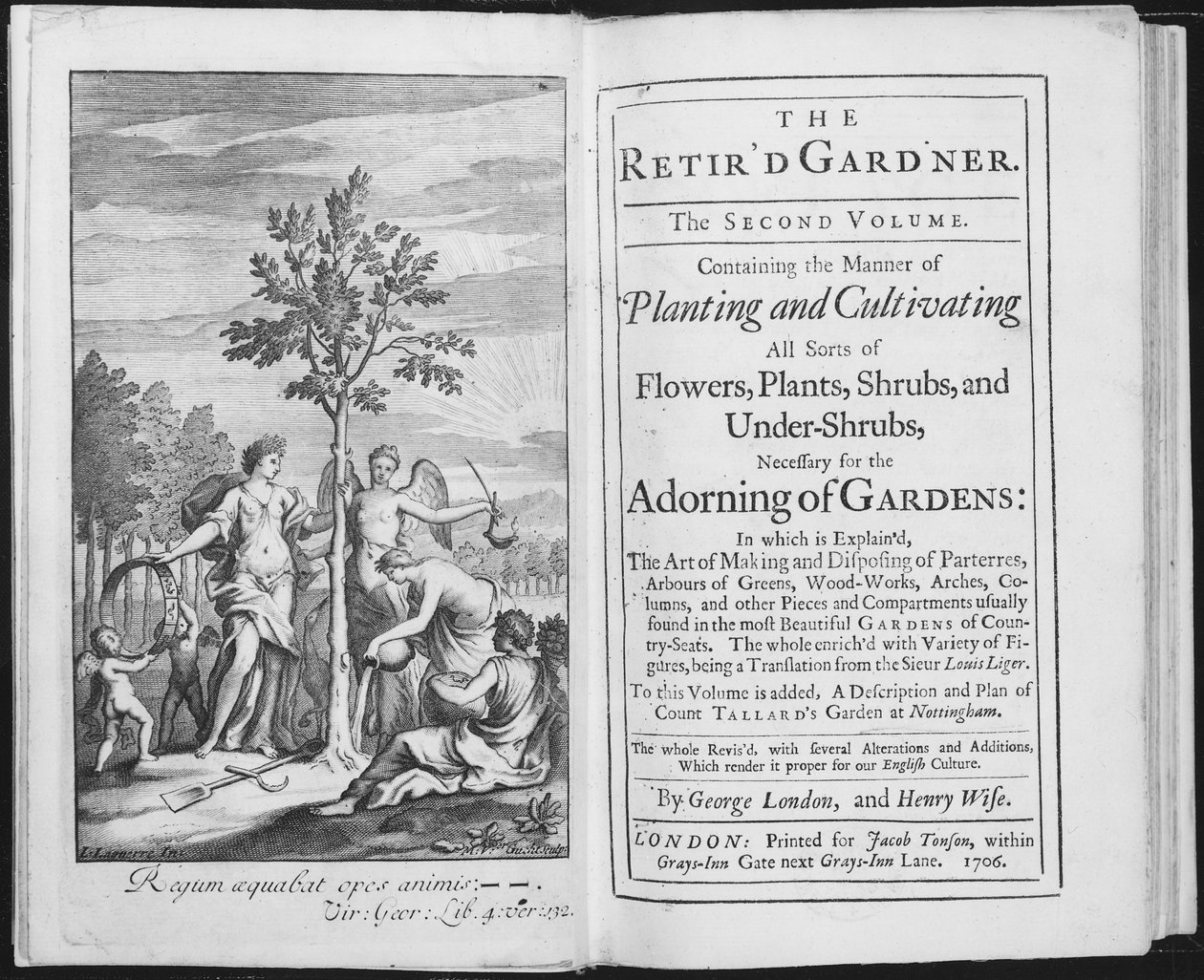 Frontispício para o jardineiro Retird por George London e Henry Wise, gravado por Van der Gucht, 1706 (foto de bw) de L. Laguerre