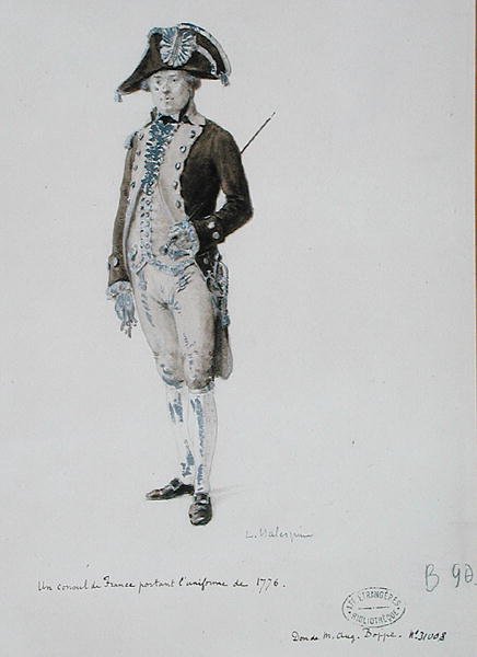 Um cônsul da França vestindo o uniforme de 1776 (caneta e lavagem em papel) de L. Malespine