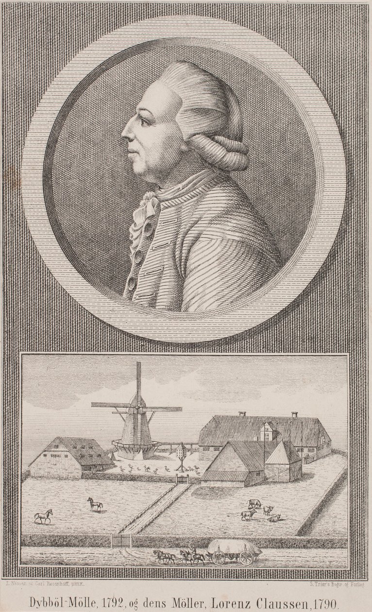 Moinho Dybbøl, 1792, e seu moleiro Lorenz Claussen, 1790 de L. Nissen