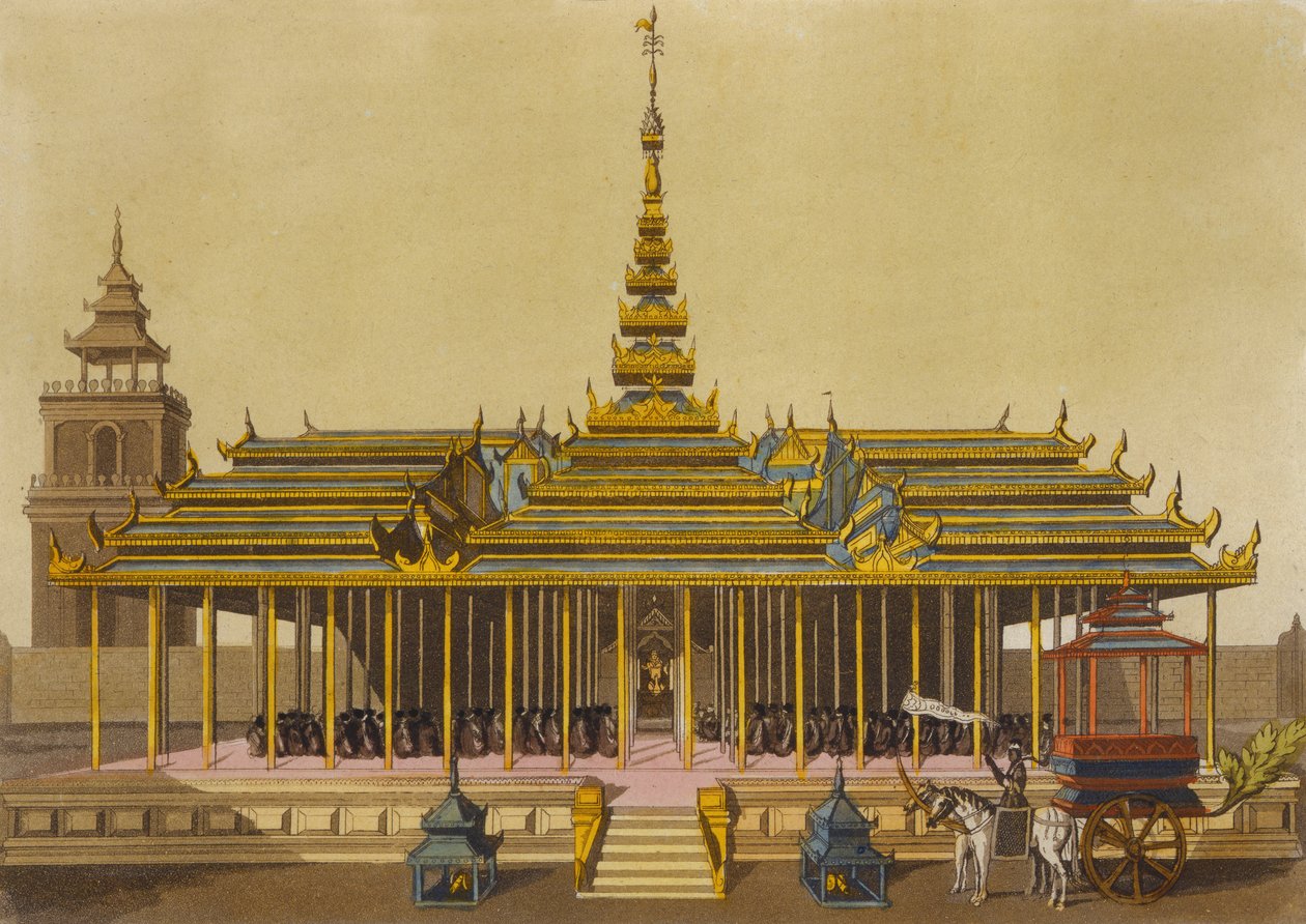 O Rei do Sião dirige-se aos cortesãos em seu pavilhão, placa 69 de Le Costume Ancien et Moderne, de Jules Ferrario, gravada por Gaetano Zancon (1771-1816), publicada c.1820s-30s de L. Rossi